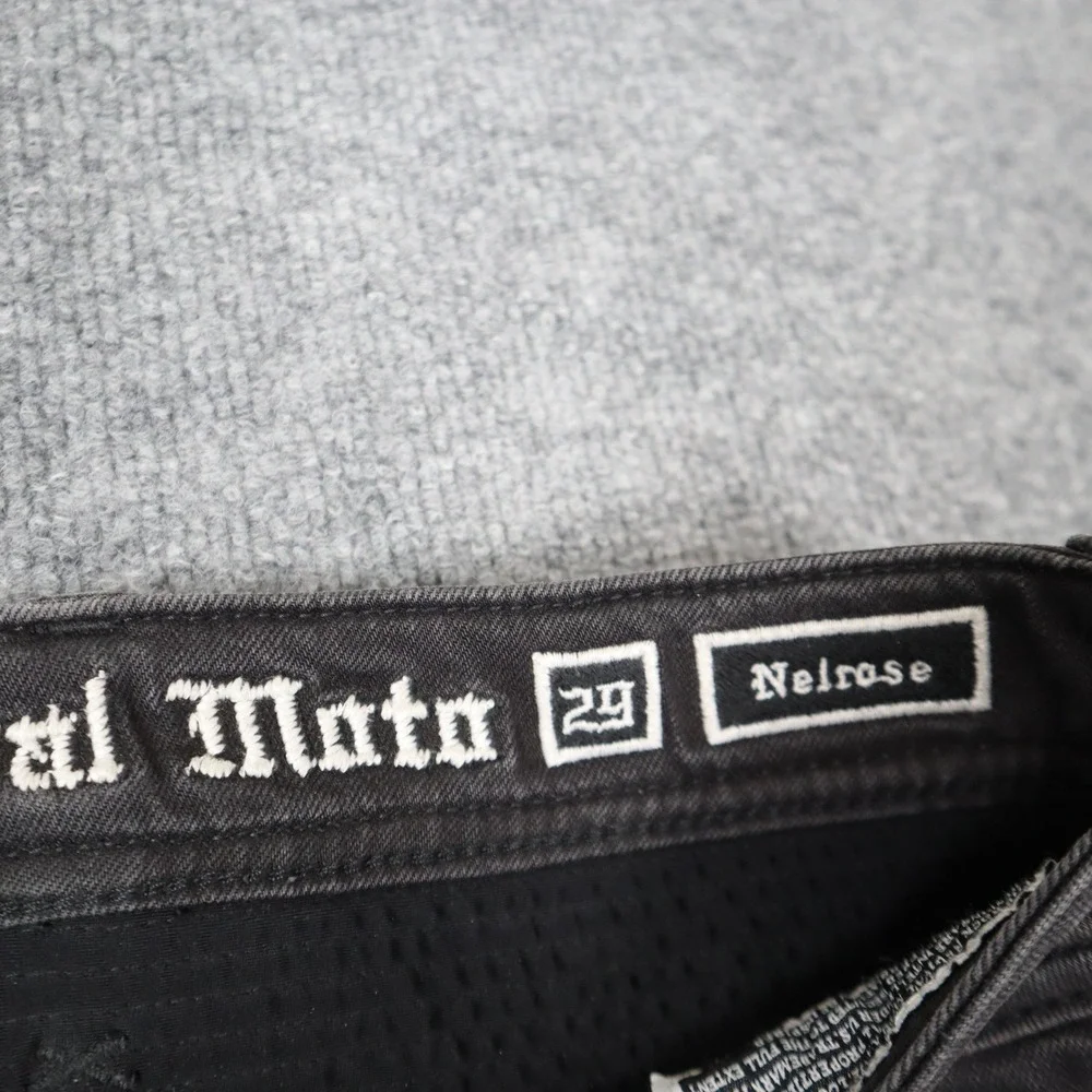 Rock Revival Moto Men Black Distressed Biker Jeans‎ Slim Fit Ribbed Details READ